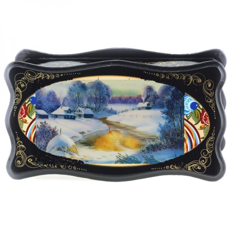 Coffret laqué - Paysage d'hiver, village
