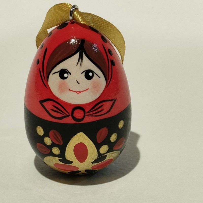 Oeuf en bois  Khokhloma noire - Feuille  - 6 cm