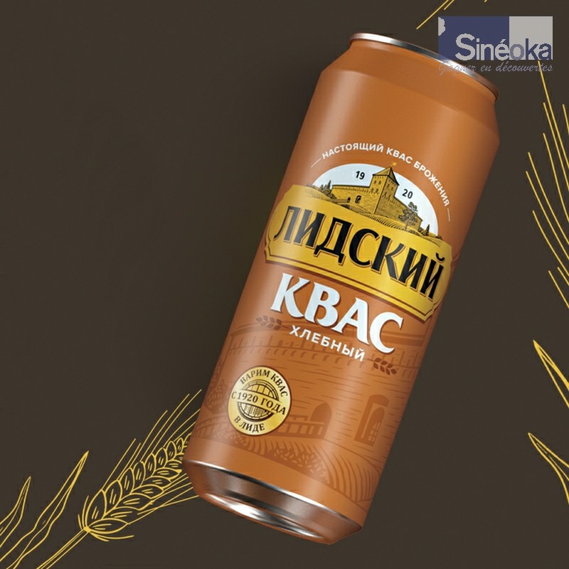 Kvas de Lida au malt de seigle et d'orge en canette de 0,5 l sur fond marron