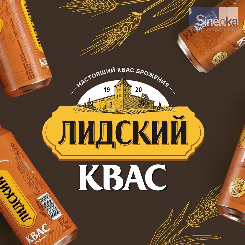 Kvas de Lida au malt de seigle et d'orge en canette de 0,5 l avec l’emblème de Lida