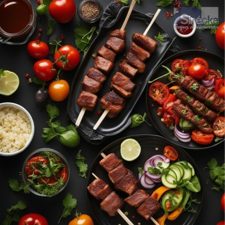 Brochettes, légumes et accompagnement servis avec de l'adjika, suggestion d'utilisation.