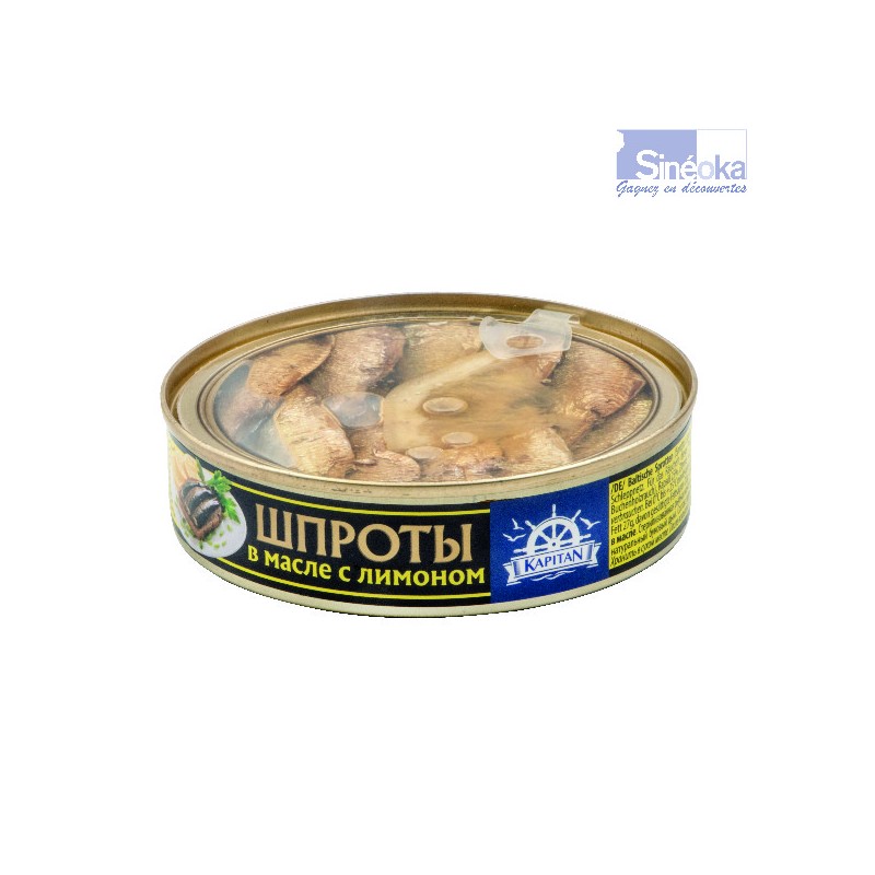 Sprats de Riga au citron, boite de 160 grammes avec couvercle transparent