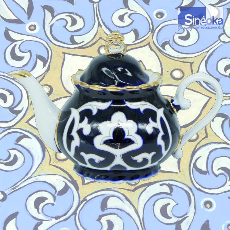 Théière en céramique Ouzbek Pachta Gul avec fond motifs Ouzbeks