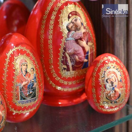 3 œufs gigognes décorés - Vierge de Vladimir - Rouge & Or - Artisanal - 125 mm
