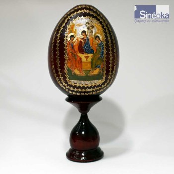Œuf en bois décor Icône -  La Sainte Trinité - Fabrication Artisanale - 115 mm + socle 80 mm