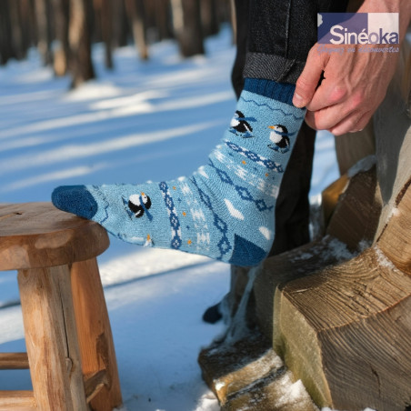 Isflak - Chaussettes aux motifs Pingouins, bois, neige.