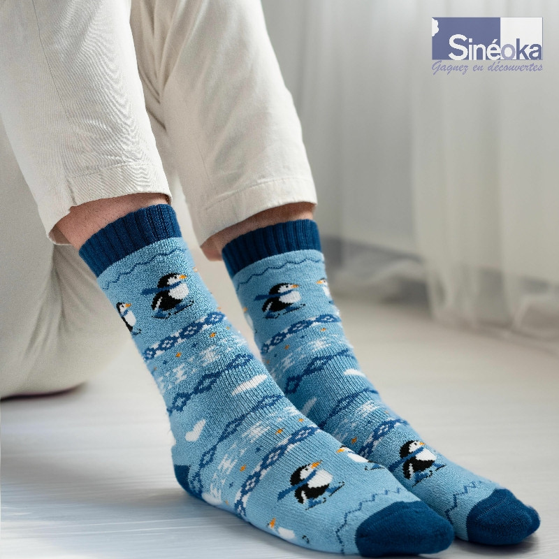 Isflak - Chaussettes aux motifs Pingouins, pieds au sol.