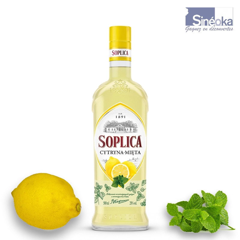 Vodka Soplica citron menthe avec 1 citron et 1 bouquet de menthe