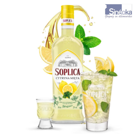 Vodka Soplica citron menthe avec 2 verre et un éclat liquide
