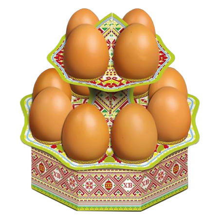 Présentoir pour œufs de Pâques en carton décoré. Motifs tradition. Avec des œufs