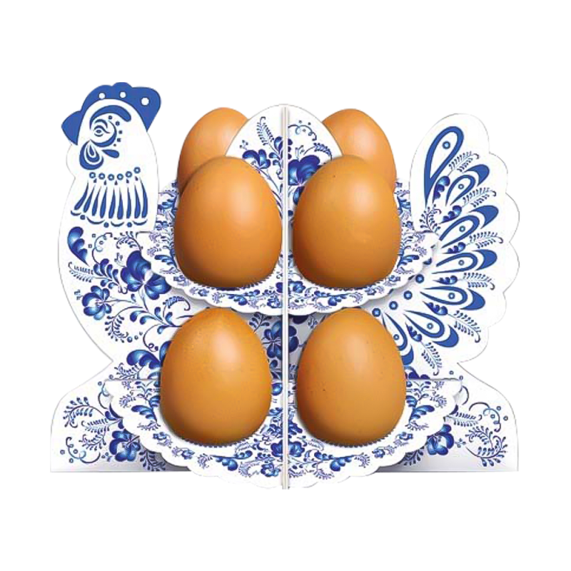 Joli présentoir pour œufs de Pâques réalisé en carton imprimé avec une forme de Poule et des motif Gjel. Avec des œufs.