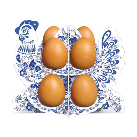 Joli présentoir pour œufs de Pâques réalisé en carton imprimé avec une forme de Poule et des motif Gjel. Avec des œufs.
