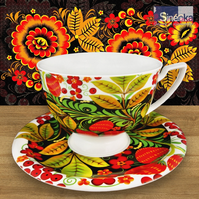 Tasse et soucoupe céramique 370 ml décors Khokhloma avec fond