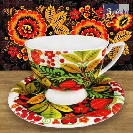 Tasse et soucoupe céramique 370 ml décors Khokhloma avec fond