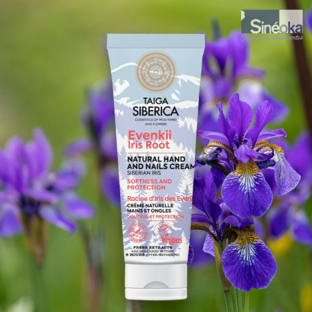 Tube de crème mains nourrissante & protectrice à l’iris sibérien, fond iris sibérien.