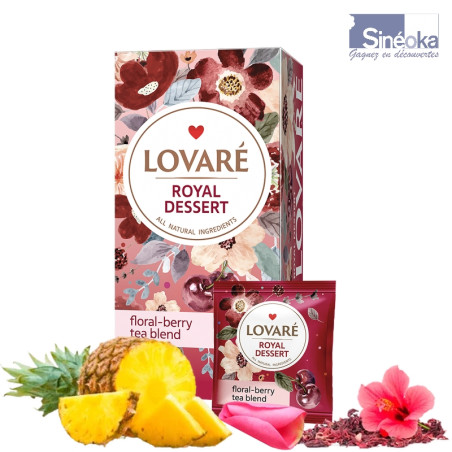 Boite et sachet de tisane florale gourmande à l'hibiscus Royal Dessert de Lovaré présentée avec des ingrédients.