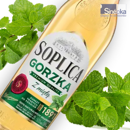 Bouteille de vodka Soplica Gorzka Menthe zoom avec menthe.