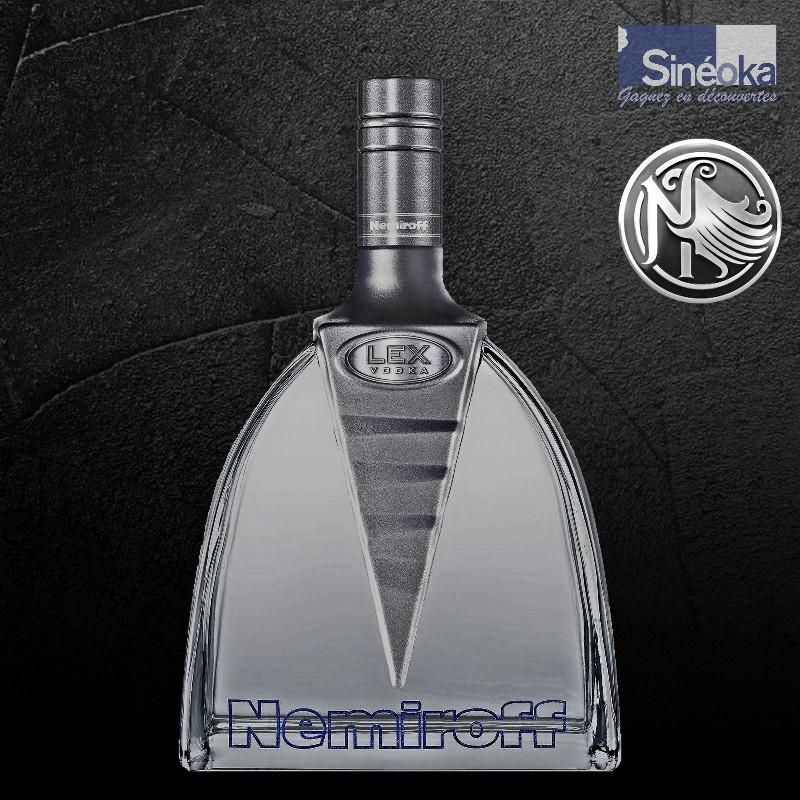 Vodka Nemiroff Lex avec logo Nemiroff sur fond ardoise