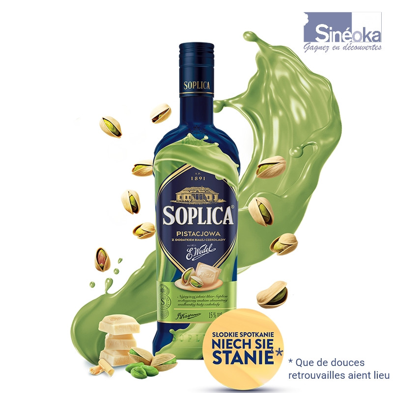 Bouteille de vodka Soplica Pistache & Chocolat blanc avec éclat de liquide et pistaches.