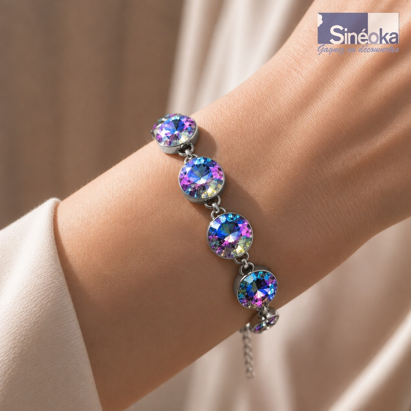 Bracelet Miloslava aux reflets bleu, violet et rose changeants porté au poignet gauche