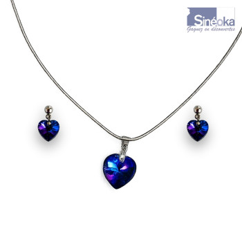 Clous d'oreilles et pendentif, cristaux en forme de cœur, Bermuda Blue 2