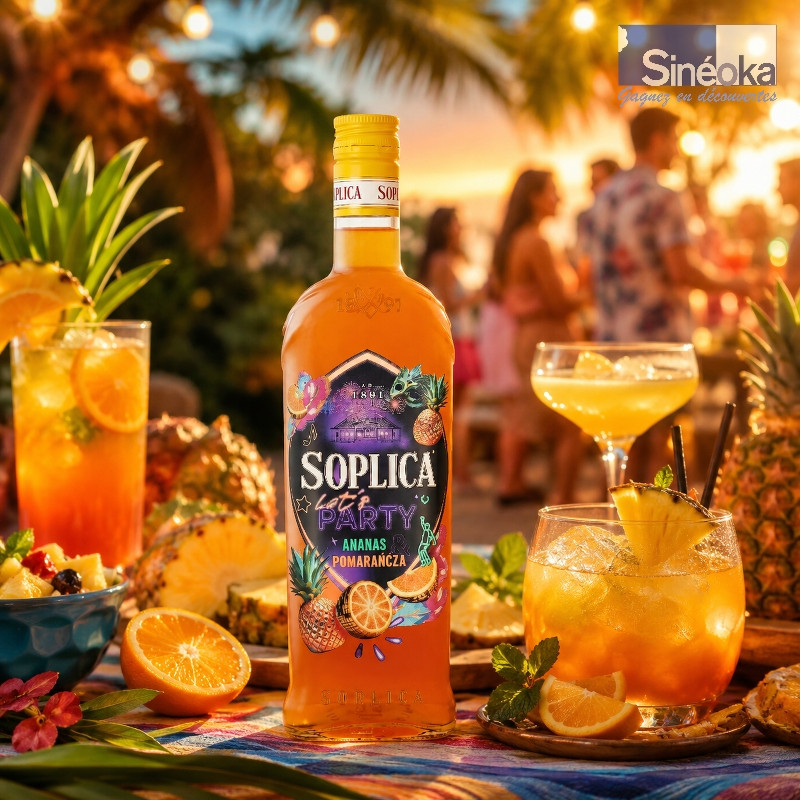 Bouteille de liqueur Soplica Ananas Pomarańcza – ananas & orange sur un buffet de fête