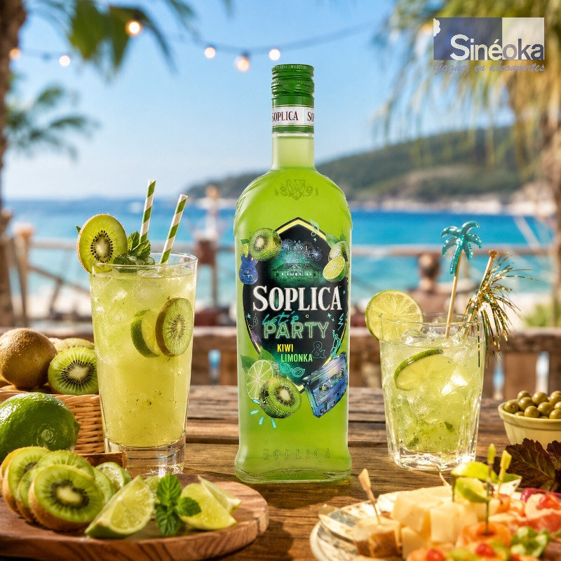 Ambiance estivale autour d'une bouteille de liqueur de vodka Soplica kiwi & citron vert
