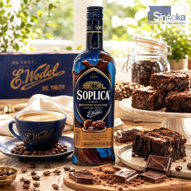 Bouteille de Soplica Wedel brownie & café sur une table