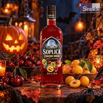 Bouteille de Soplica Strasznie Dobra Halloween – Liqueur Cerise & Mirabelle en ambiance.