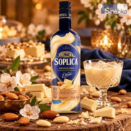 Bouteille de Liqueur polonaise Soplica Wedel Migdałowa – Amande & Chocolat blanc sur un buffet gourmand